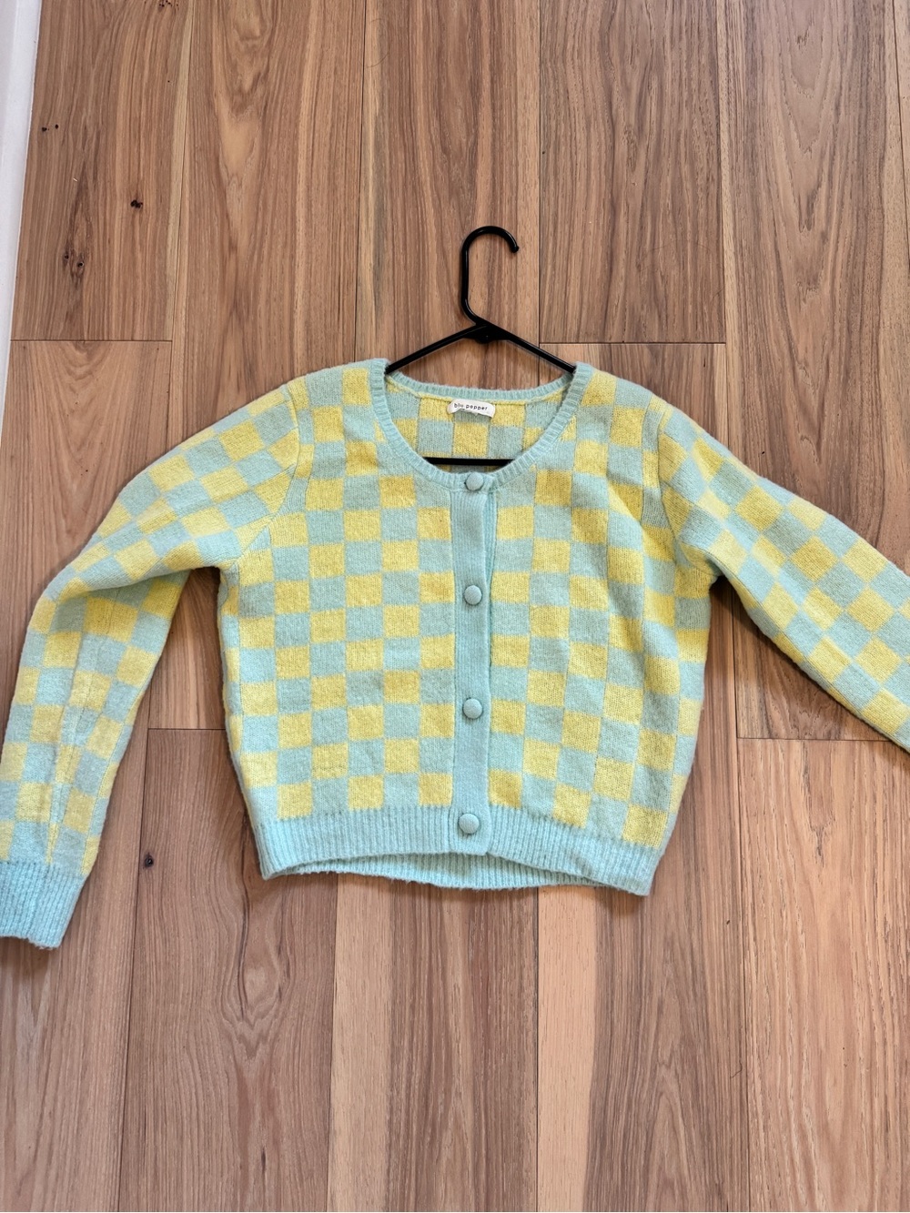 Blu Pepper Checkerboard Cardigan in Mint & Yellow